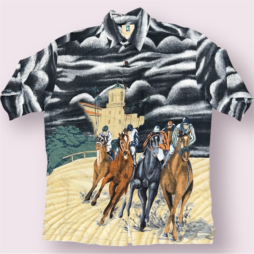Vintage Kahala Hawaiian Aloha Shirt Men’s XL Horse Racing Jockey Short Sleeve